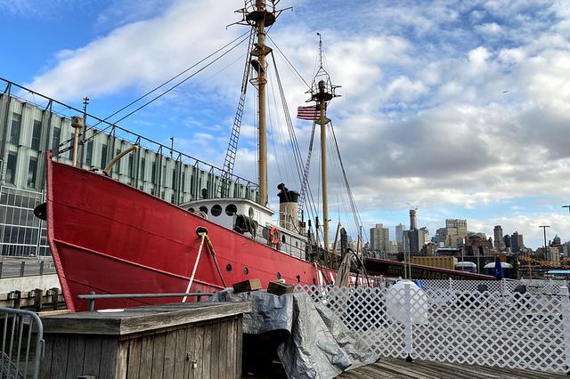 a pirate-looking boat docked on the west side of Manhattan